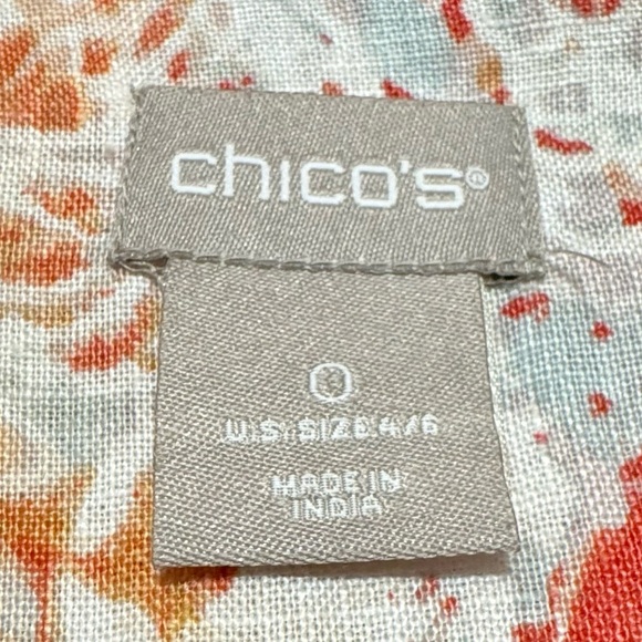 Chico’s 100% Linen Button Down Front Split 3/4 Sleeve Collared Orange Print Top - Picture 13 of 15